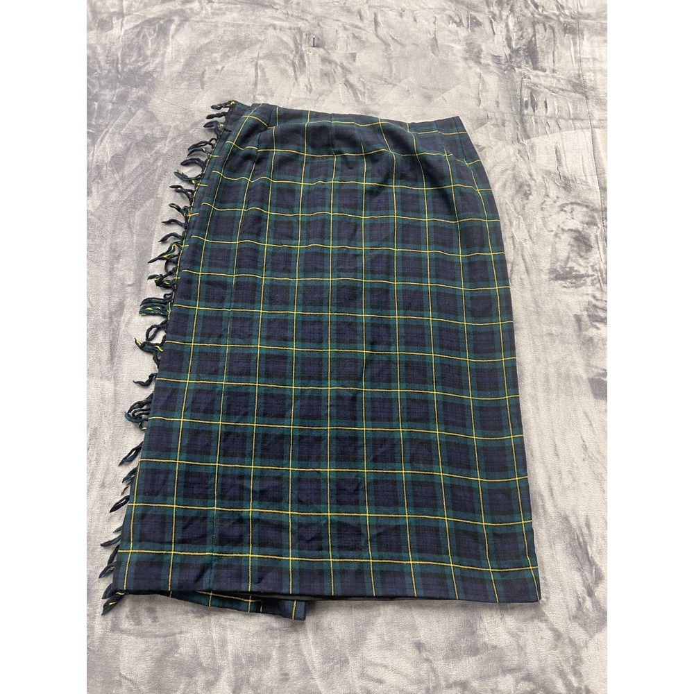 Unbranded Plaid Wrap Kilt Skirt Womens 34 Waist Navy Green Fringed Midi Academia - Picture 6 of 8